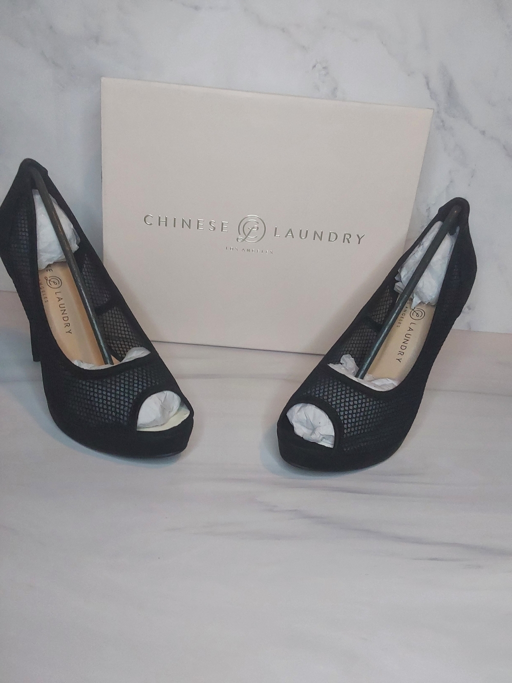 Chinese Laundry Hallsy Mesh Peep Toe Platform Heels Black Size 7.5 New In Box